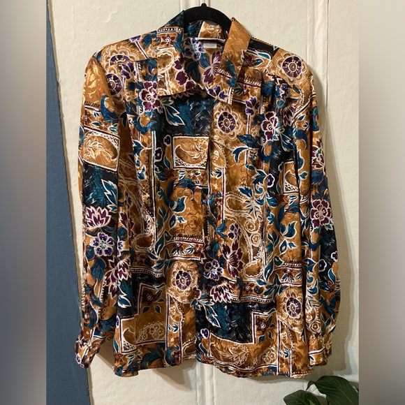 Vintage polyester button up collared shirt long puff sleeve floral design sz14 - Picture 13 of 16